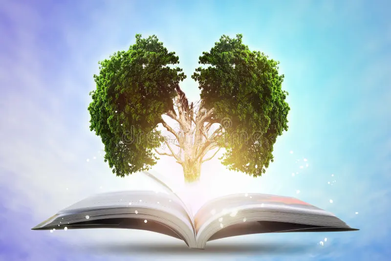 un arbre représentant les deux hémisphères du cerveau humain sortant d'un livre
